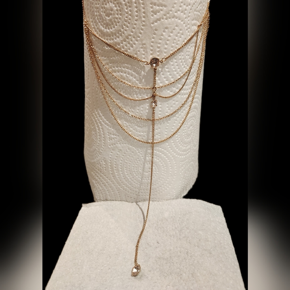 NWT Forever 21 Goldtone Multi-Layer Drape Necklace 17" + 2" Ext. Clear Accents